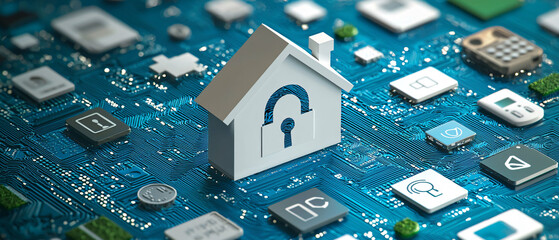 Aufkleber - Secure house silhouette with lock on digital circuit background, symbolizing safety