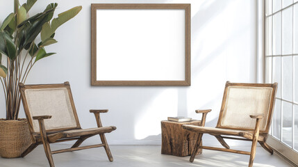 A white room with two chairs and a wooden table, Living room design with empty frame mockup, two wooden chairs on white wall.