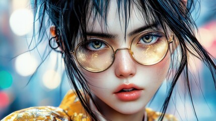 A young woman with captivating eyes and tousled hair poses confidently, wearing stylish glasses and a bright outfit against a lively urban backdrop, showcasing a modern aesthetic