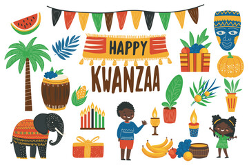 Poster - Kwanzaa holiday festival mega set elements in flat graphic design. Collection objects of tree palm, african boy and girl, elephant, drum, tribal mask, candle, gift, fruits, other. Vector illustration.