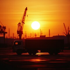 A silhouette of a truck against a vibrant sunset, with cranes and industrial structures in the background, creating a serene yet dynamic atmosphere.