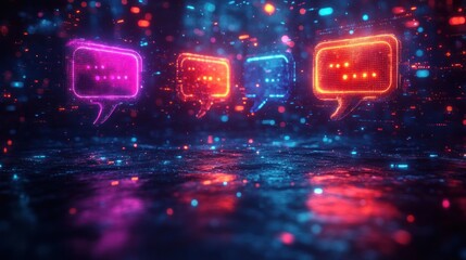 Poster - Colorful chat bubbles in a digital environment with glowing effects.