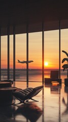 Aufkleber - Modern airport lounge with comfortable seating offers a stunning view of an airplane taking off against a beautiful sunset