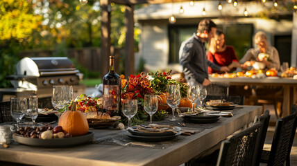  Adults decorating the table with Thanksgiving decorations outside working together 