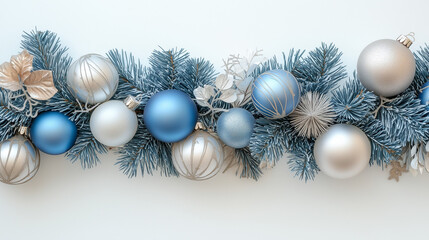 Frosted holiday garland with blue and silver ornaments