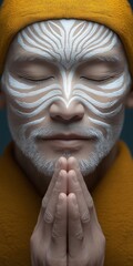 Spiritual monk with white tribal makeup praying with closed eyes and hands clasped together; buddhism and concentration concept; faith and hope symbol; ritual namaste gesture