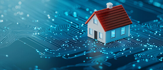 Poster - house model surrounded by digital waves symbolizes modern technology