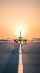 Aufkleber - Airplane is standing on the runway at sunset, waiting to take off for its next destination. The sky is a beautiful orange and yellow, and the sun is a bright ball of light