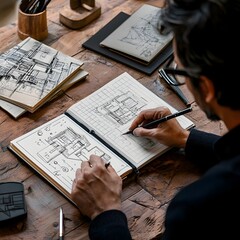 Poster - Businessman Sketching Architectural Designs in Notebook Indulging Creative Hobby at Workspace