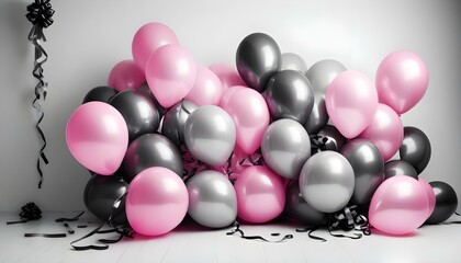 Pink, black and silver balloons on the milky white background with soft light. AI generated