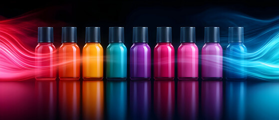 Poster - Colorful bottles arranged in a stunning display, illuminated with vibrant light trails, creating an energetic and dynamic atmosphere.
