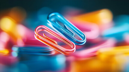 Colorful paper clips floating above a vibrant background, showcasing creativity and organization in office supplies.