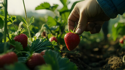 Wall Mural - A hand is reaching for a strawberry in a field