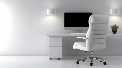 Poster - Modern office setup featuring a white desk, ergonomic chair, and desktop computer in a minimalist space.