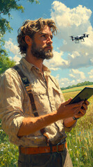 Poster - farmer using tablet to control drones over field in modern agriculture technology concept