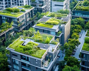 Poster - eco friendly city block with rooftop gardens and renewable resource management system