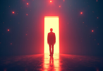 the silhouette of a man enters a glowing door in a virtual space