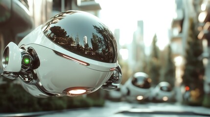 Spherical flying pods glide effortlessly through a city landscape, illustrating a futuristic utopia where technology seamlessly integrates with urban life.