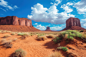 Marvel at the towering red rock formations in Monument National Park, Utah. Majestic cliffs standing against a clear blue sky under the warm desert sun.