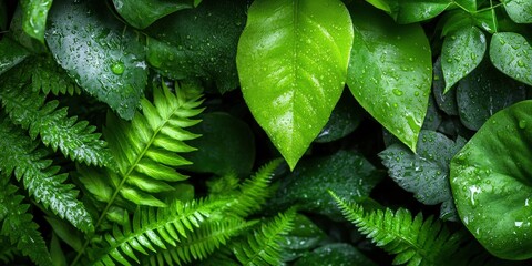 Lush Green Fern and Leaf Background with Dew Drops   Nature Texture