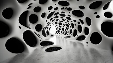 This image presents a futuristic tunnel vision, characterized by flowing white surfaces contrasted with bold black circles, creating a sense of depth and modernity.