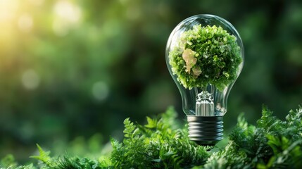 A light bulb featuring thriving greenery within, symbolizing eco-friendliness and sustainability amidst a lush forest background, representing renewable energy concepts.