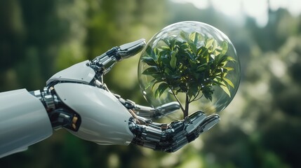 A robotic arm supports a small tree encased in a glass sphere, illustrating the union of technology with ecology, growth, and innovative environmental care.