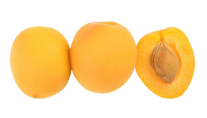 Wall Mural - Two whole apricots and a half apricot showing the seed on a transparent background