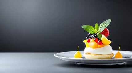 Delicious dessert with fresh fruits and cream on plate