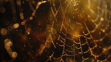 A detailed macro shot of a dew-covered spider web, with droplets glistening in the light