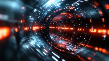 Poster - Futuristic tunnel with glowing lights and digital patterns.