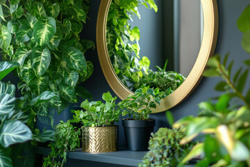 Mirrored shelf reflecting lush potted plants.