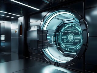 Poster - futuristic bank vault with ai powered security and biometric scanning to protect assets
