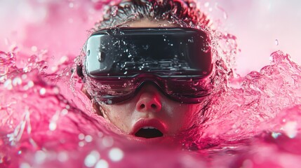 A dynamic VR experience featuring a person engaged in a vivid virtual reality world, with pink water splashes enhancing the sense of action and immersion.