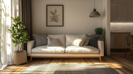 An elegant living room furnished with a white sectional sofa and coordinated blue decor,  Minimalist Living Room with Beige Velvet Sofa and Grey Stucco Wall.