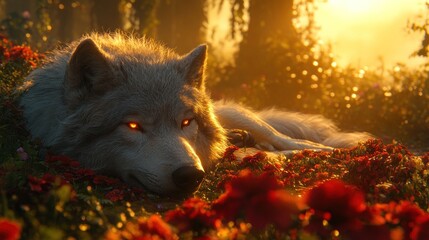 A majestic white wolf with red eyes lies in a field of red flowers bathed in the golden light of the setting sun.