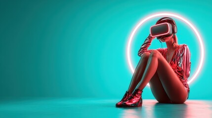 A person wearing a VR headset is seated, surrounded by a neon light ring, showcasing futuristic technology and fashion in a neon-lit environment.