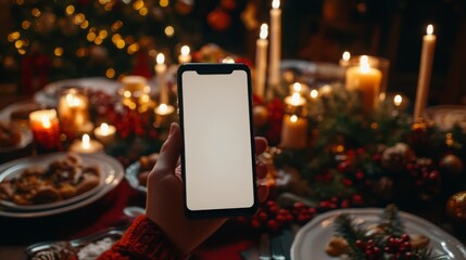 Poster - A person's hand is holding a smartphone with a blank screen in front of a Christmas dinner table. The table is lit by candles and a Christmas tree is visible in the background.