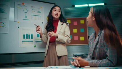 Aufkleber - Businesswoman presenting a business plan engages in a discussion with her colleague, analyzing data and figures displayed on a whiteboard in a professional office setting