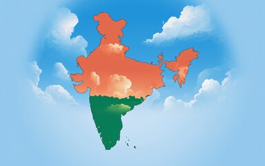 An illustration of India's map with a sky and a forest as a background.