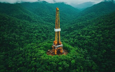 An oil drilling rig rises amidst a dense forest, showcasing the contrast between industrialization and nature.