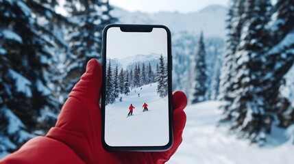 Poster - A skier holds a smartphone showing a snowy landscape with fellow skiers in bright red outfits. Surrounding pine trees and snow-capped mountains complete this picturesque winter setting.