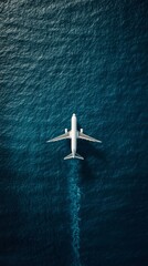 Poster - Flying high above the vast ocean, a white airplane leaves a trail of smoke, capturing travel and adventure against fluffy clouds
