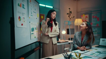 Poster - Two asian businesswomen engage in a late-night meeting, brainstorming and discussing project details while utilizing a green screen for mockup purposes