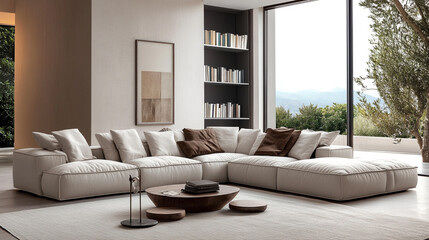 living room with sofa couch, cozy home, A gray couch in a living room with a gray wall and brown throw pillows.