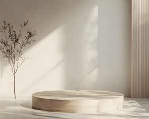 Wall Mural - Minimalist Wooden Round Podium in Neutral Toned Scandinavian inspired Room for Eco Conscious Product Display