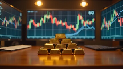 Gold bars in pyramid shape against a backdrop of stock market charts displayed on multiple computer screens.