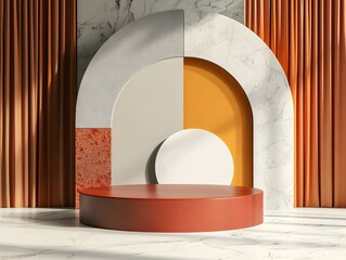 Poster - Minimalist Art Gallery Inspired Podium for Modern Product Display with Abstract Shapes and Monochrome Background