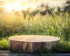 Wall Mural - rustic wooden podium in serene outdoor setting with tall grass and soft sunlight