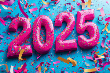 Happy New Year “2025” mood. 3d 2025 number with confetti and ribbons flying around. The background is a colorful explosion with confetti raining down on